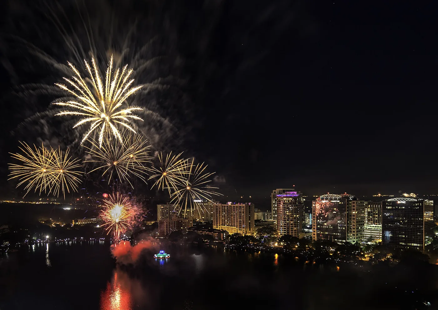Fourth of July fireworks over Lake Eola and the downtown Orlando skyline
