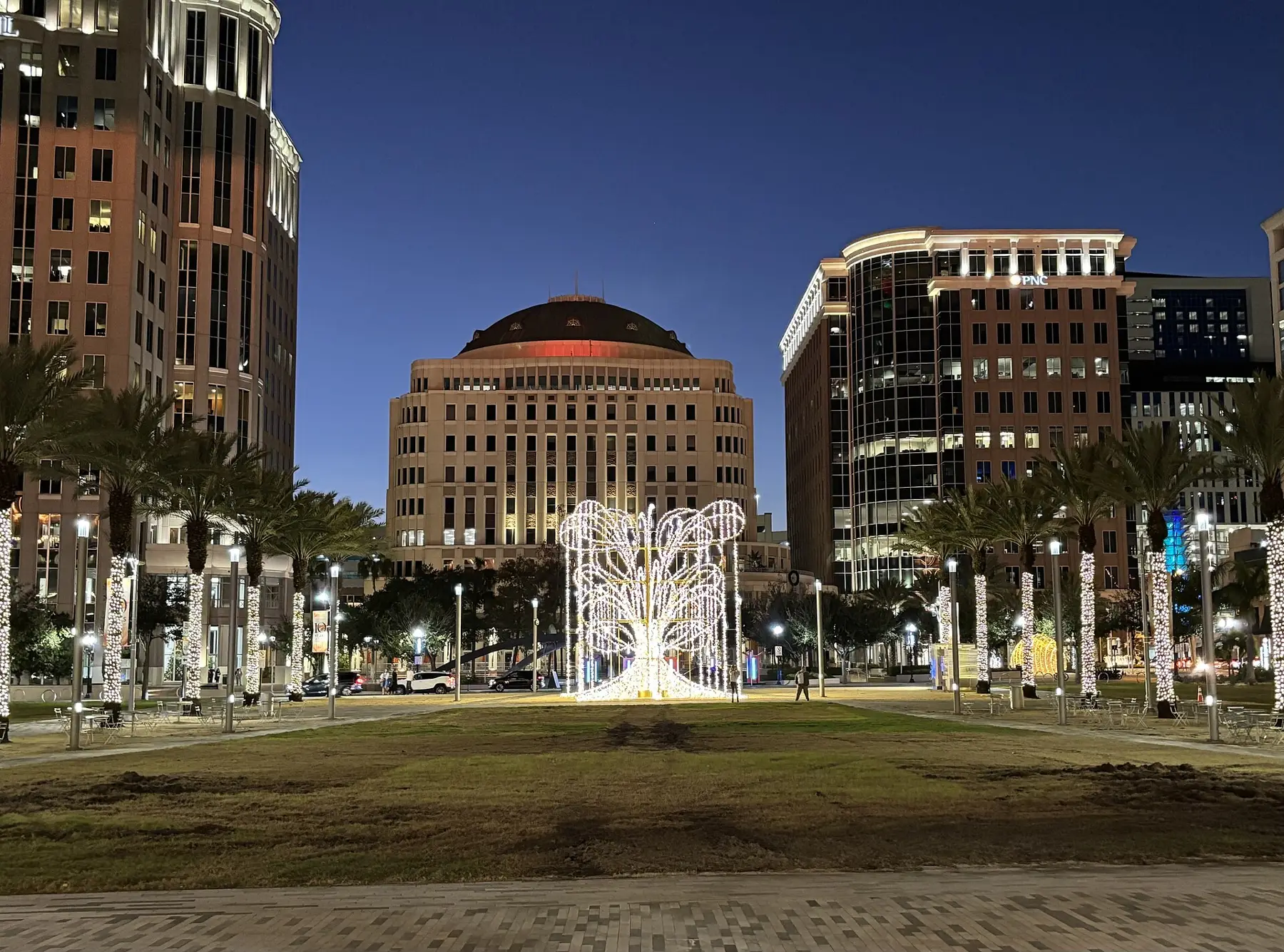 Holiday lights on the palms and lawn of Seneff Arts Plaza at the Dr. Phillips Center in downtown Orlando