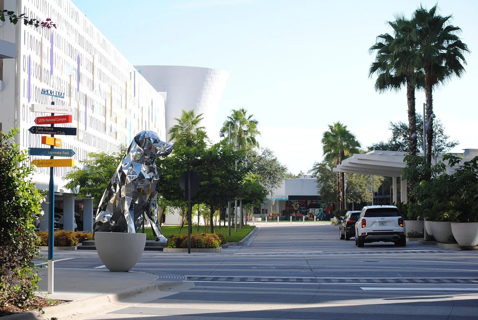 Lake Nona Town Center, with its silver dog statue, in southeast Orlando