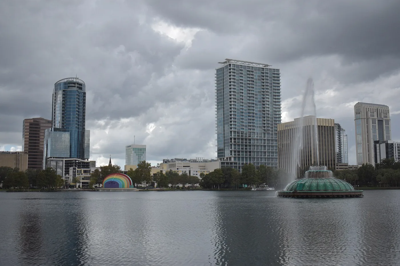 Lake Eola and the downtown Orlando skyline, about three-quarters of a mile north of Delaney Park