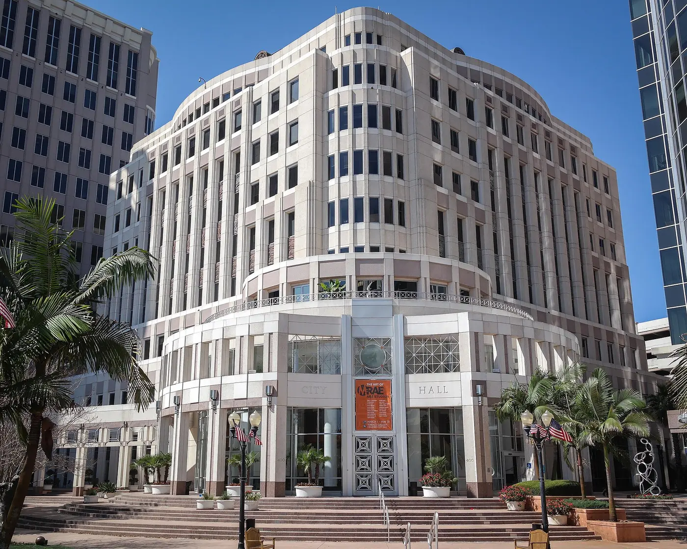 The entrance and plaza of Orlando City Hall on South Orange Avenue