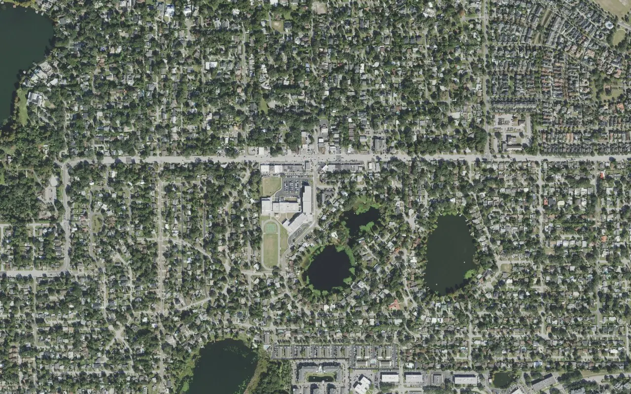 Audubon Park School's campus (center) and the neighborhood around it on Falcon Drive in Orlando, seen from the air