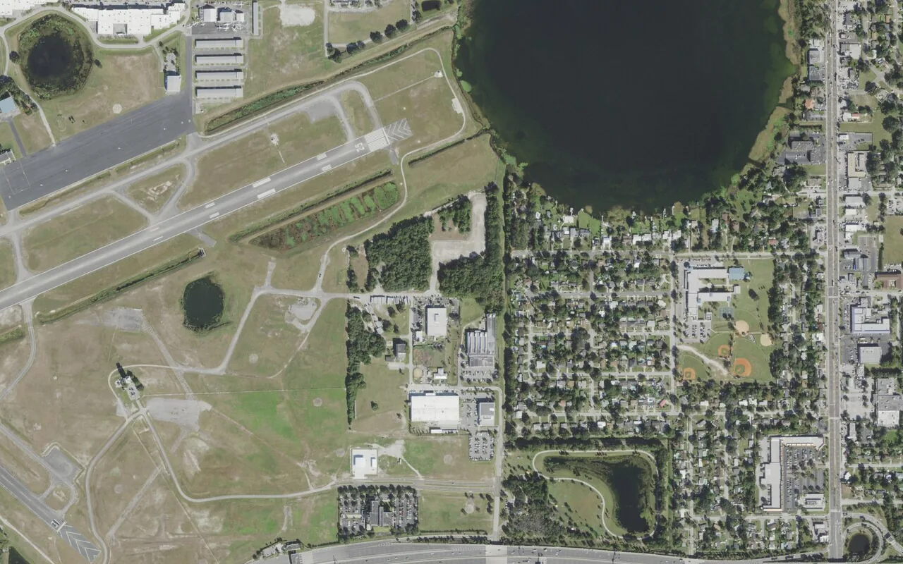 Azalea Park Elementary School's campus (right of center) and the neighborhood around it on Carol Avenue in Orlando, seen from the air