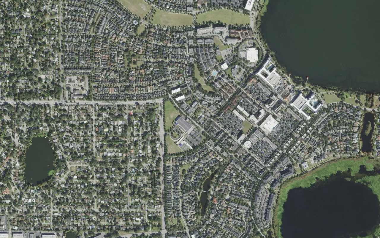 Baldwin Park Elementary School's campus (center) and the neighborhood around it on Common Way Road in Orlando, seen from the air