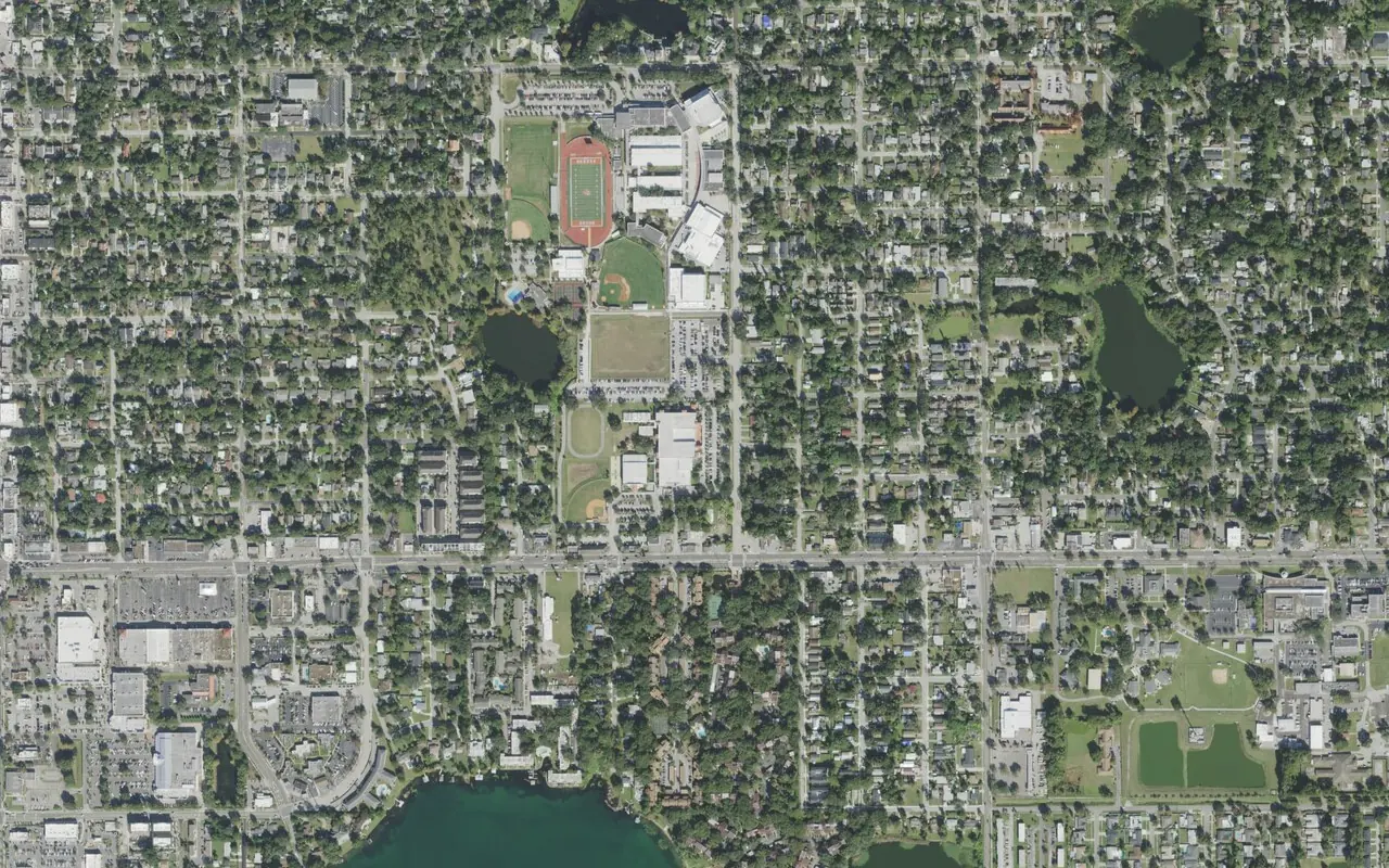 Blankner School's campus (center) and the neighborhood around it on South Mills Avenue in Orlando, seen from the air
