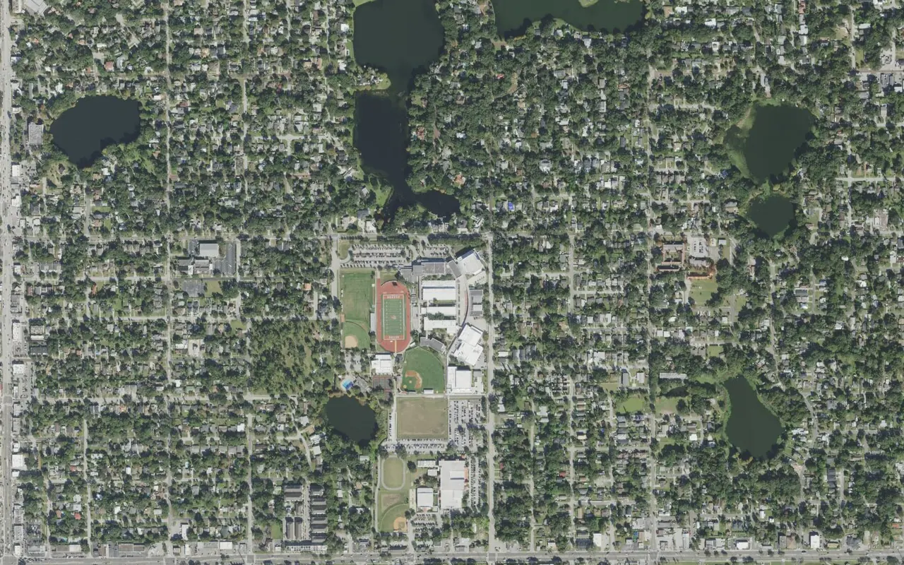 Boone High School's campus (center) and the neighborhood around it on East Kaley Street in Orlando, seen from the air
