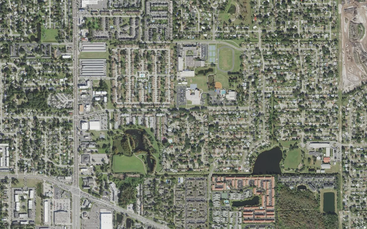 BridgePrep Academy Orange's campus (left of center) and the neighborhood around it on La Costa Drive in Orlando, seen from the air