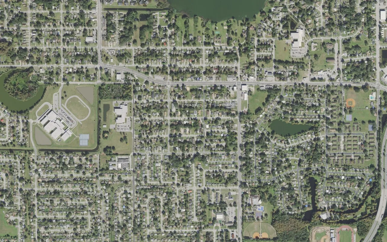 Carver Middle School's campus (left of center) and the neighborhood around it on West Columbia Street in Orlando, seen from the air