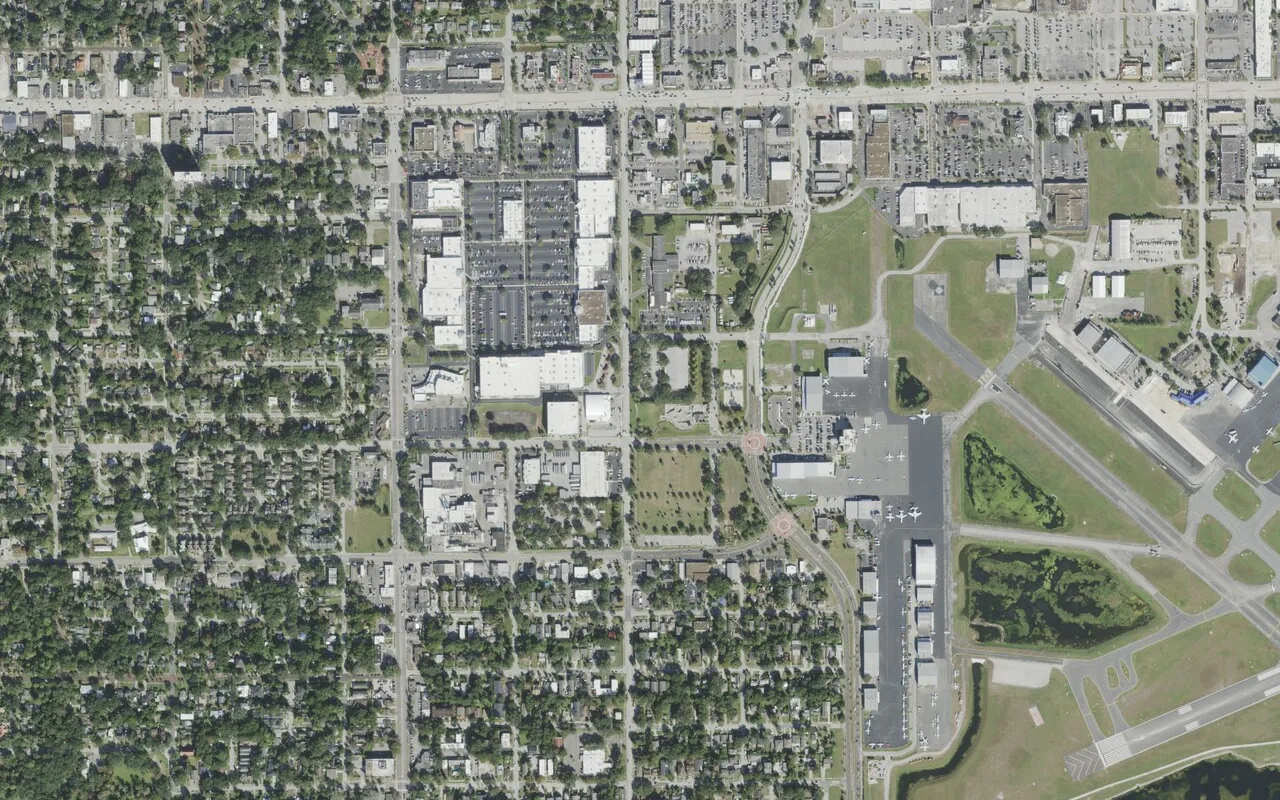 Central Florida Leadership Academy's campus (center) and the neighborhood around it on North Primrose Drive in Orlando, seen from the air