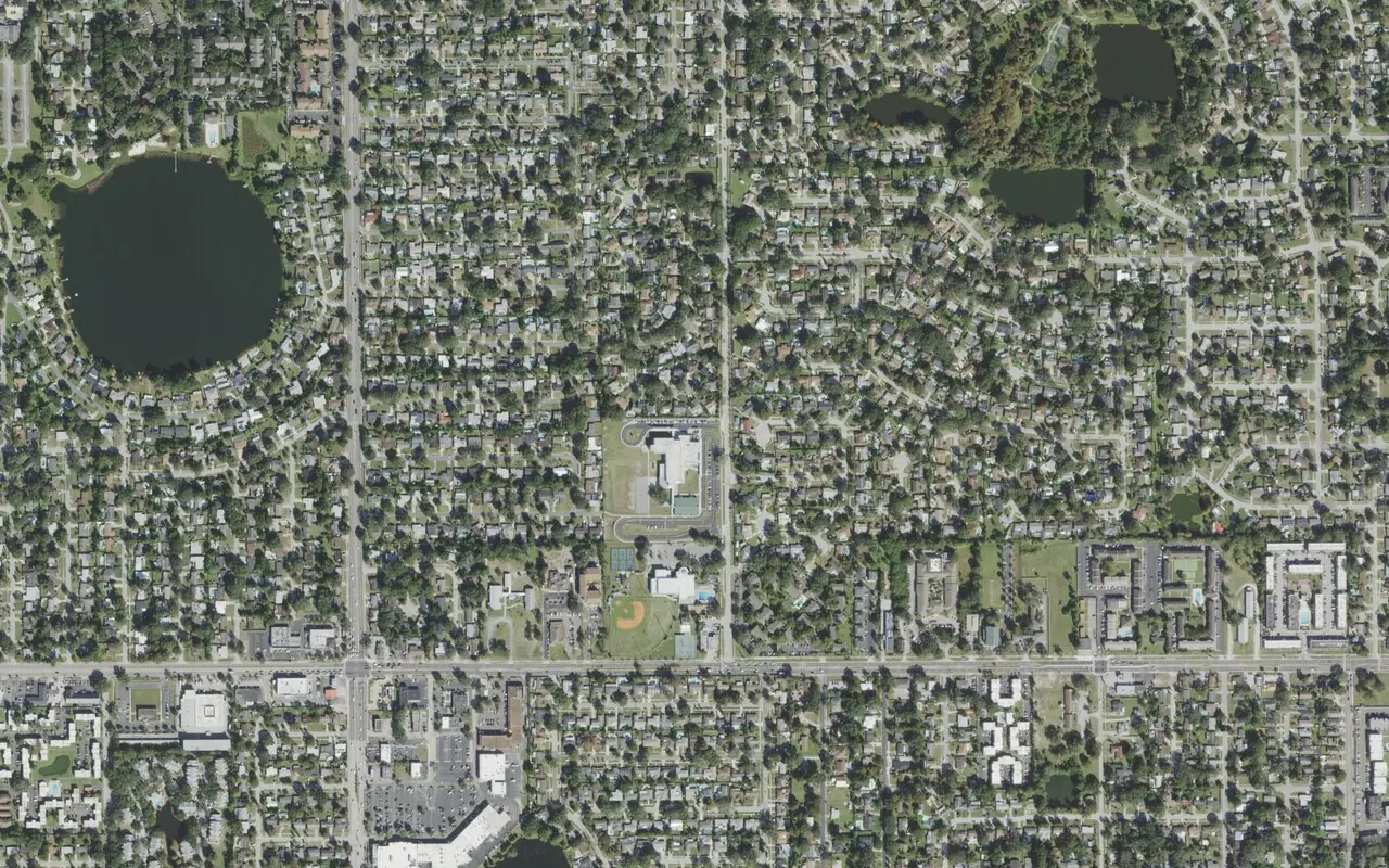 Dover Shores Elementary School's campus (center) and the neighborhood around it on Gaston Foster Road in Orlando, seen from the air