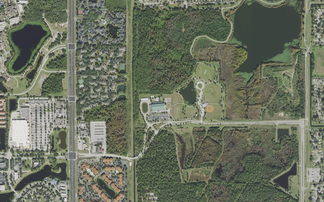 Eagle's Nest Elementary School's campus (center) and the neighborhood around it on MetroWest Boulevard in Orlando, seen from the air