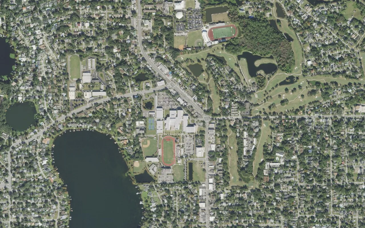 Edgewater High School's campus (center) and the neighborhood around it on Edgewater Drive in Orlando, seen from the air