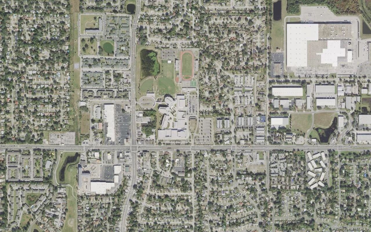 Evans High School's campus (center) and the neighborhood around it on Silver Star Road in Orlando, seen from the air