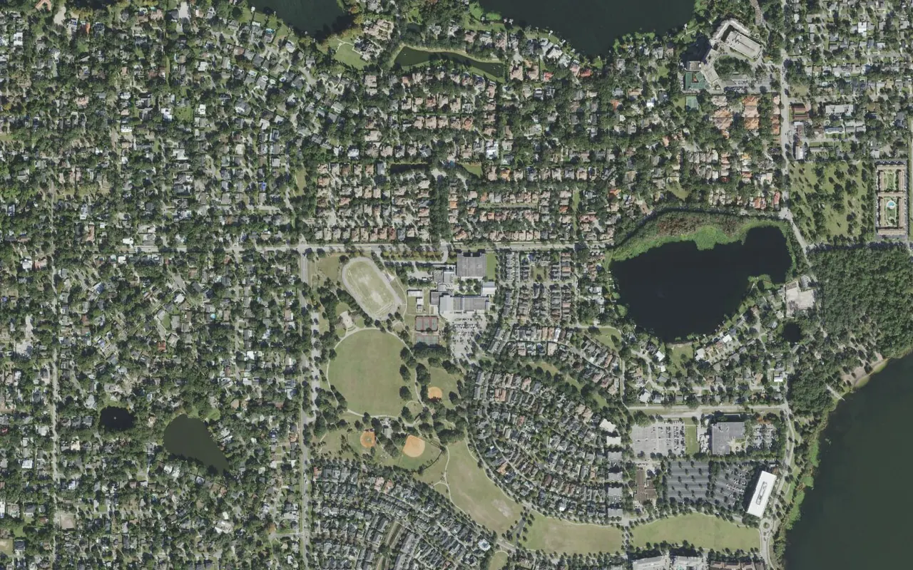 Glenridge Middle School's campus (center) and the neighborhood around it on Upper Park Road in Orlando, seen from the air
