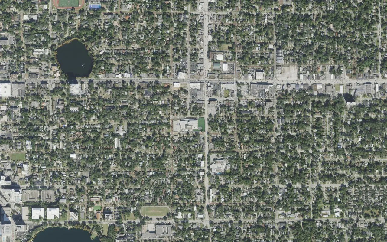 Hillcrest Elementary School's campus (center) and the neighborhood around it on East Concord Street in Orlando, seen from the air