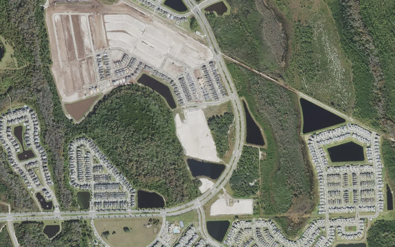 Innovation Elementary School's campus (center) and the neighborhood around it on Introduction Way in Orlando, seen from the air