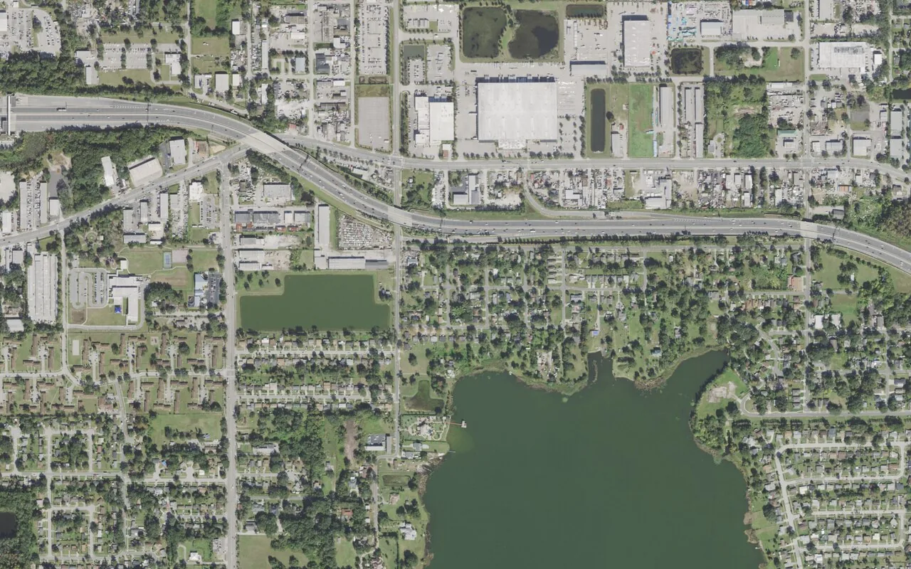 Ivey Lane Elementary School's campus (left of center) and the neighborhood around it on Silverton Street in Orlando, seen from the air