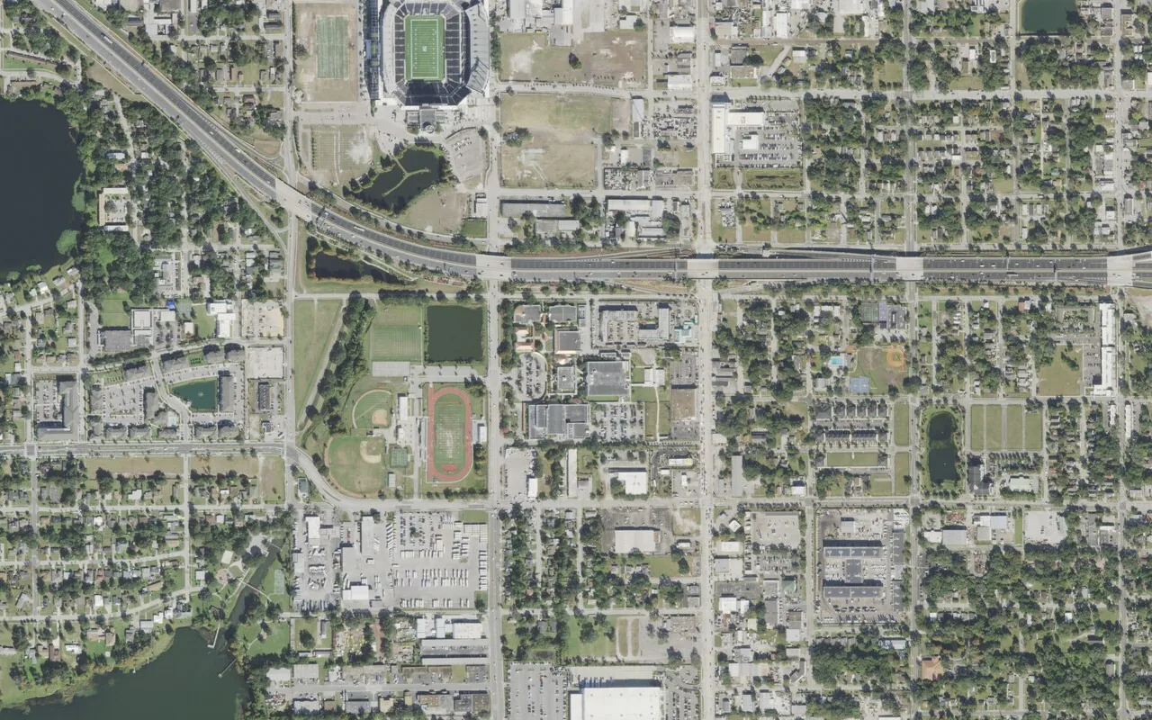 Jones High School's campus (center) and the neighborhood around it on South Rio Grande Avenue in Orlando, seen from the air
