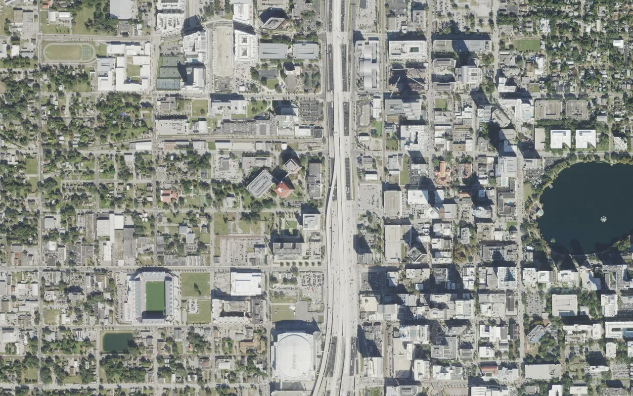 Lake Eola Charter School's campus (right of center) and the neighborhood around it on North Magnolia Avenue in Orlando, seen from the air