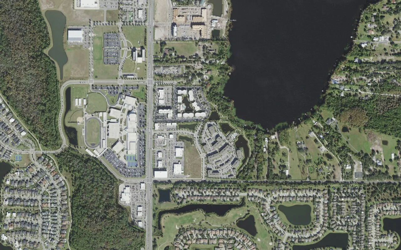 Lake Nona High School's campus (center) and the neighborhood around it on Narcoossee Road in Orlando, seen from the air