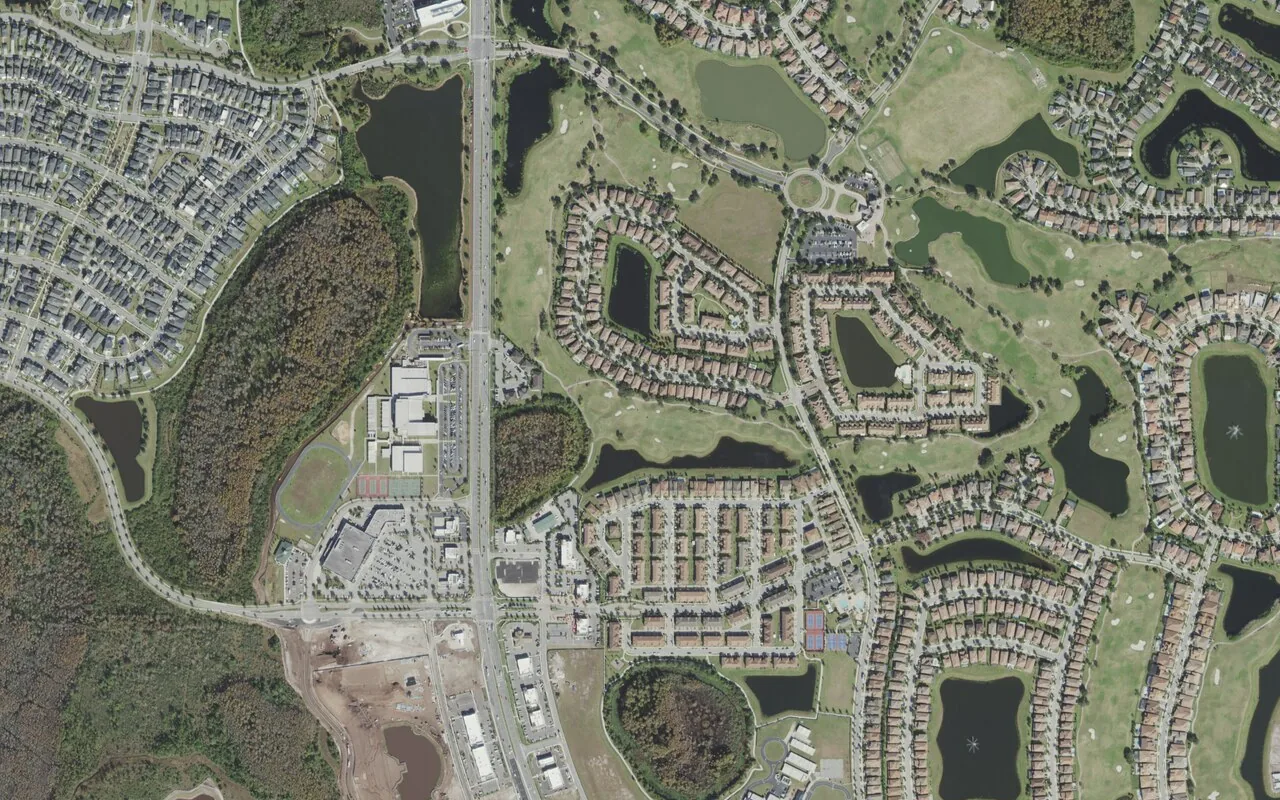 Lake Nona Middle School's campus (center) and the neighborhood around it on Narcoossee Road in Orlando, seen from the air
