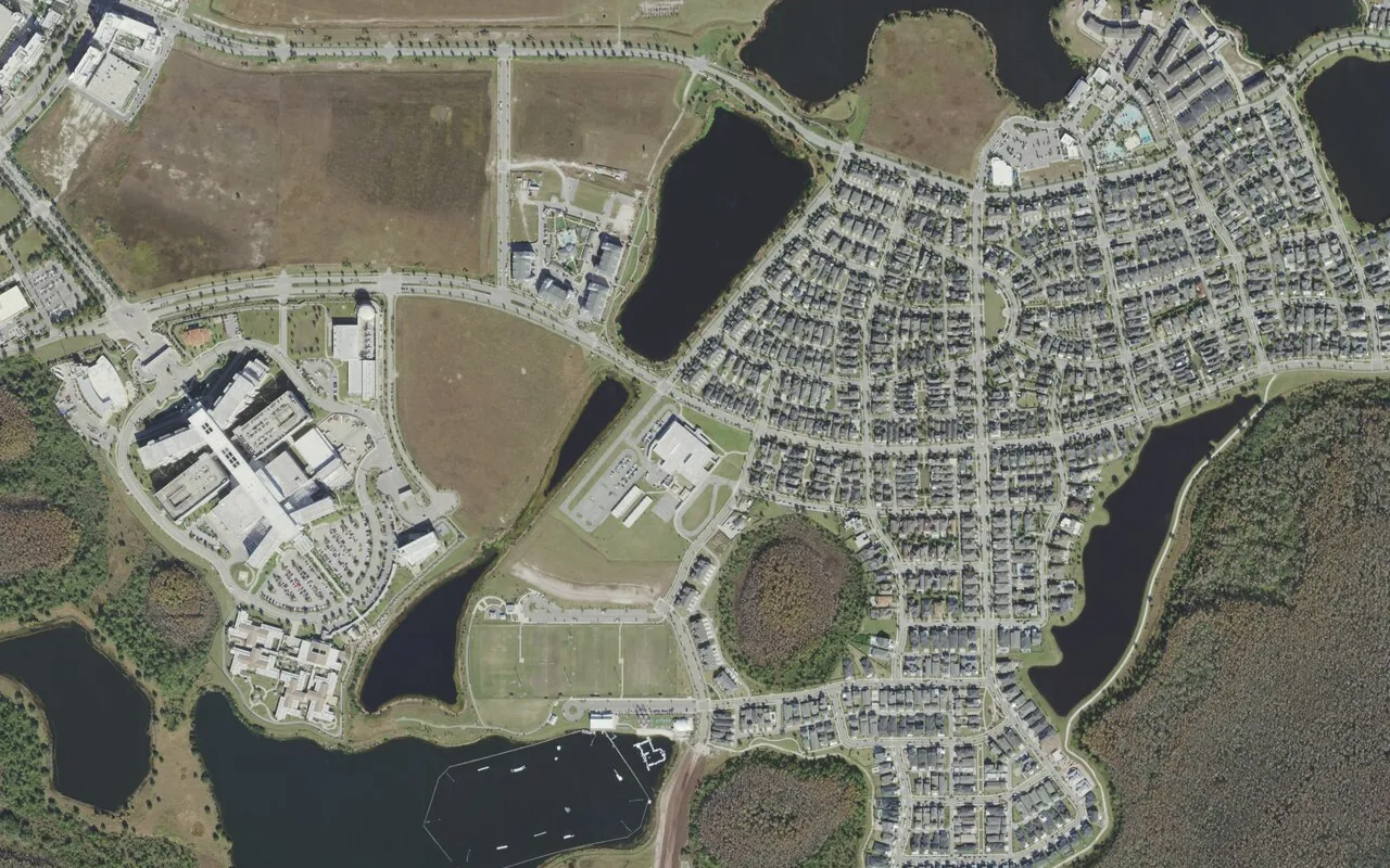 Laureate Park Elementary School's campus (center) and the neighborhood around it on Laureate Boulevard in Orlando, seen from the air