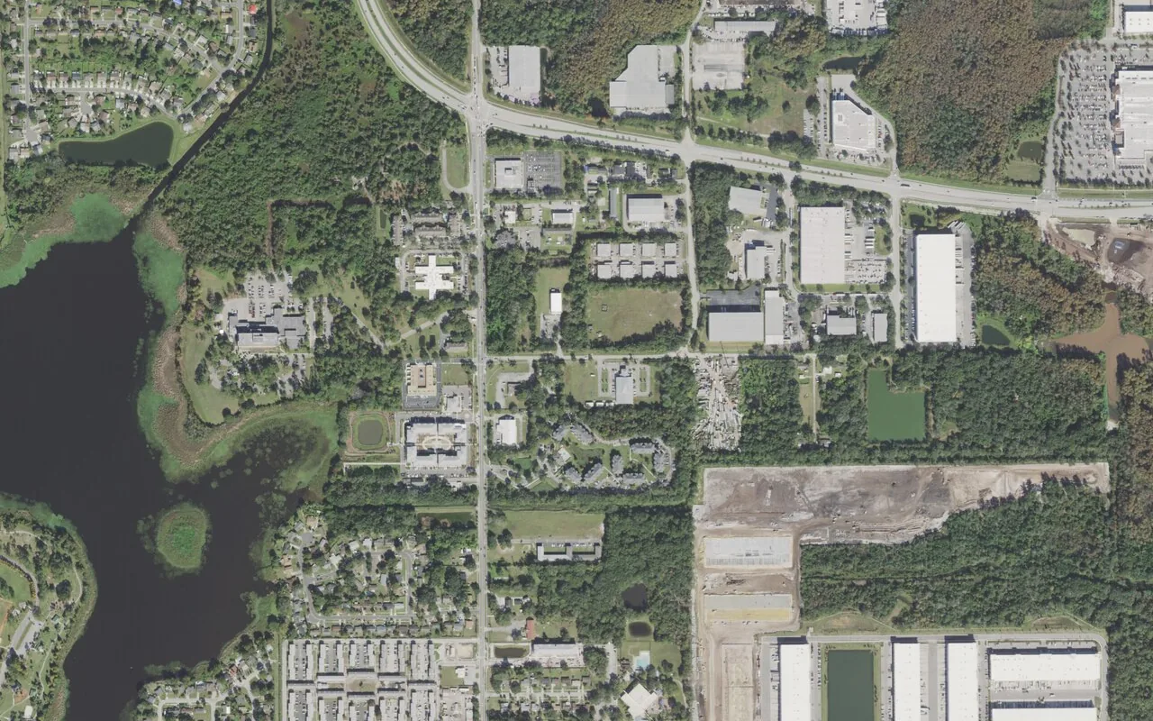 Lucious and Emma Nixon Academy's campus (center) and the neighborhood around it on Mercy Drive in Orlando, seen from the air