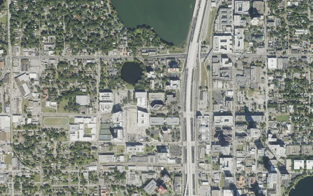 Luminary Elementary School's campus (center) and the neighborhood around it on Luminary Boulevard in Orlando, seen from the air