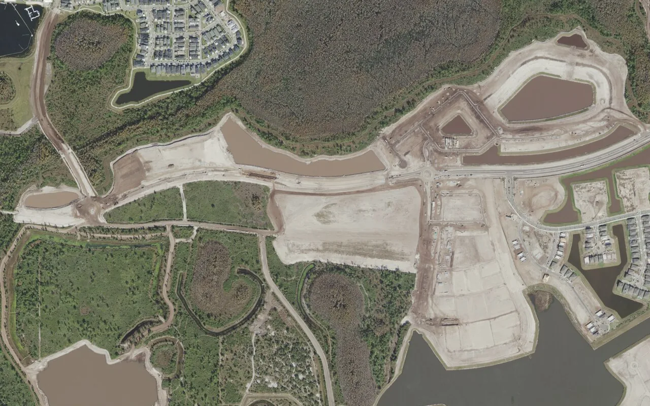 Luminary Middle School's campus (center) and the neighborhood around it on Luminary Boulevard in Orlando, seen from the air