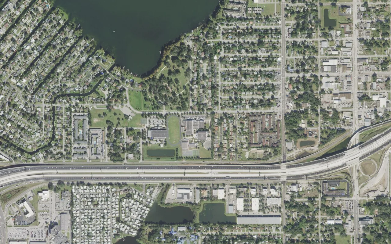 Memorial Middle School's campus (center) and the neighborhood around it on West 29th Street in Orlando, seen from the air