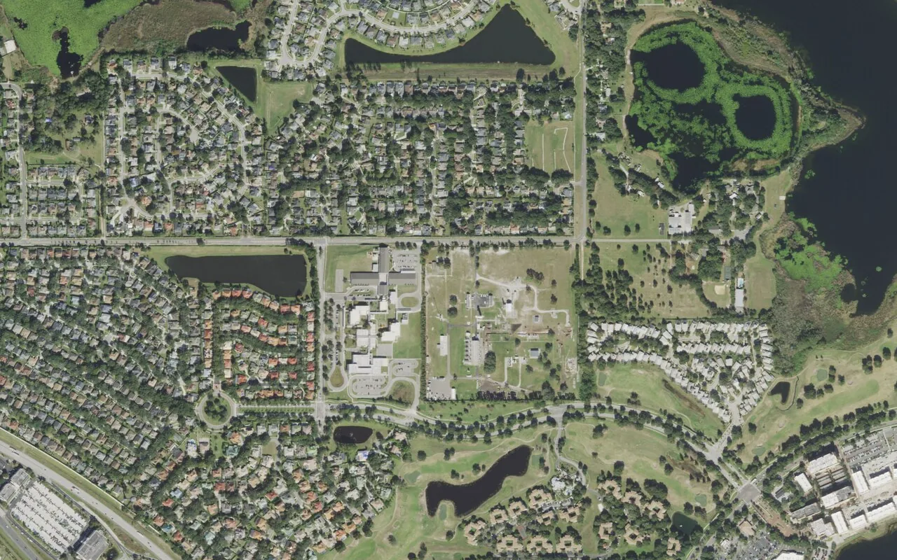 MetroWest Elementary School's campus (center) and the neighborhood around it on Lake Vilma Drive in Orlando, seen from the air