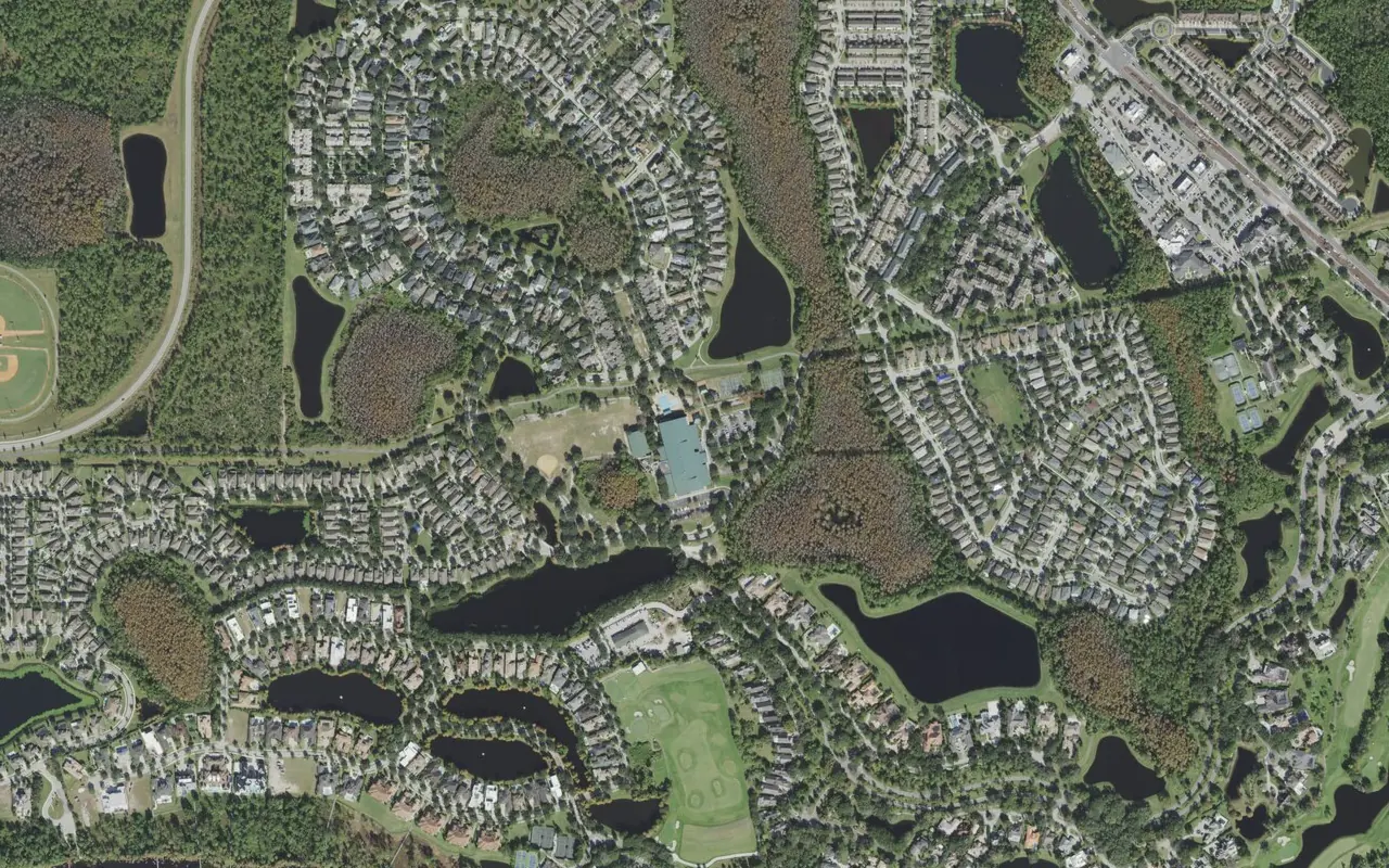 NorthLake Park Community School's campus (center) and the neighborhood around it on NorthLake Parkway in Orlando, seen from the air