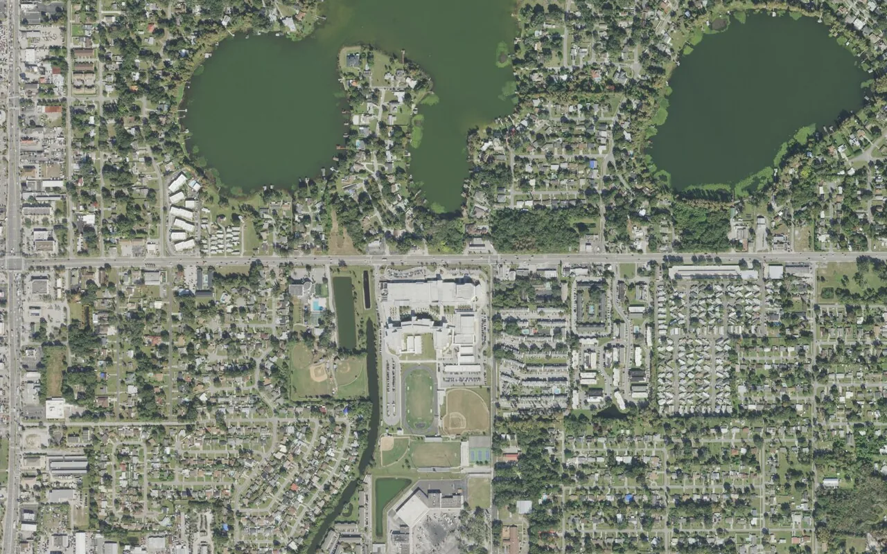 Oak Ridge High School's campus (center) and the neighborhood around it on West Oak Ridge Road in Orlando, seen from the air