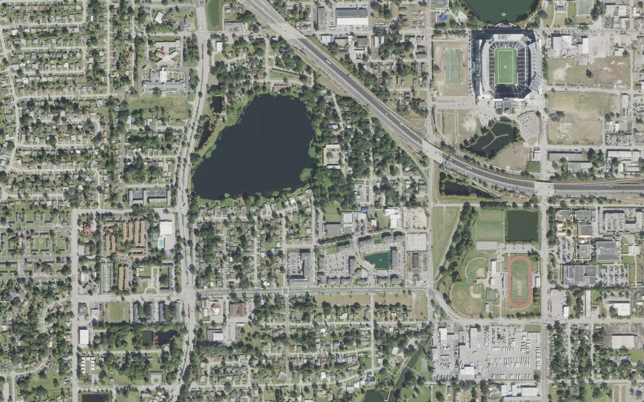 Orange Center STEAM Academy's campus (center) and the neighborhood around it on South Texas Avenue in Orlando, seen from the air