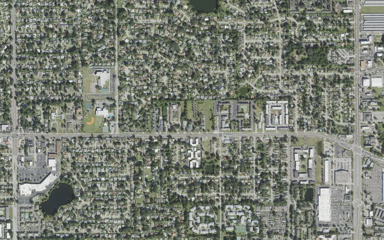Passport Charter School's campus (center) and the neighborhood around it on Curry Ford Road in Orlando, seen from the air