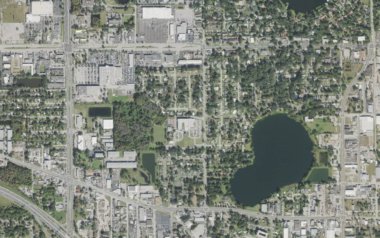 Rock Lake Elementary School's campus (center) and the neighborhood around it on North Tampa Avenue in Orlando, seen from the air
