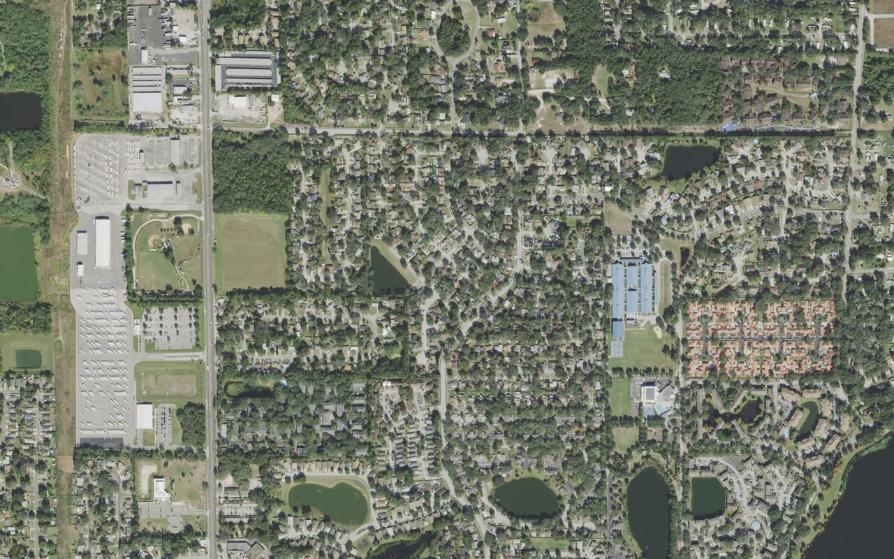 Rosemont Elementary School's campus (right of center) and the neighborhood around it on Point Look Out Road in Orlando, seen from the air