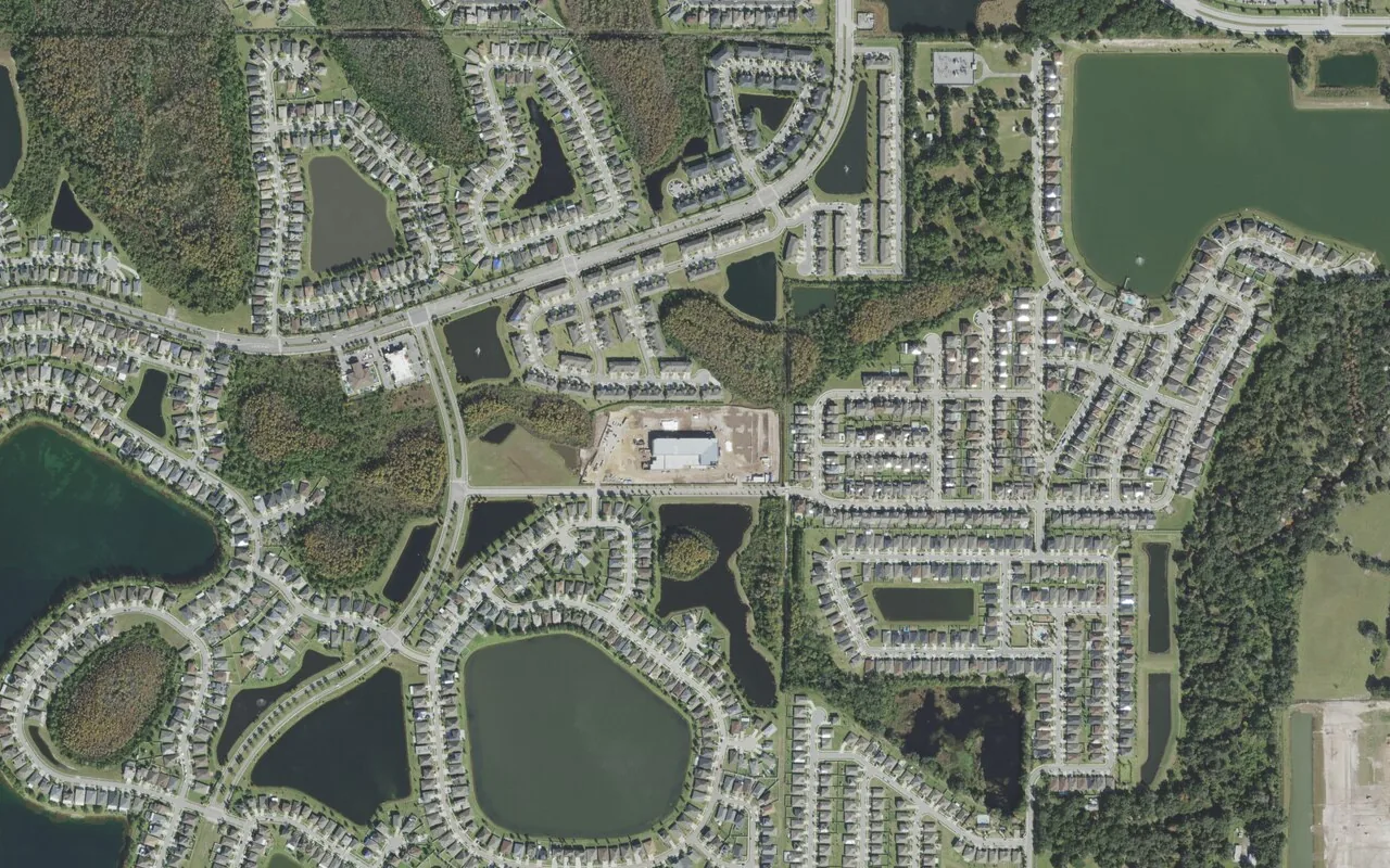 Stonewyck Elementary School's campus (center) and the neighborhood around it on Stonewyck Street in Orlando, seen from the air
