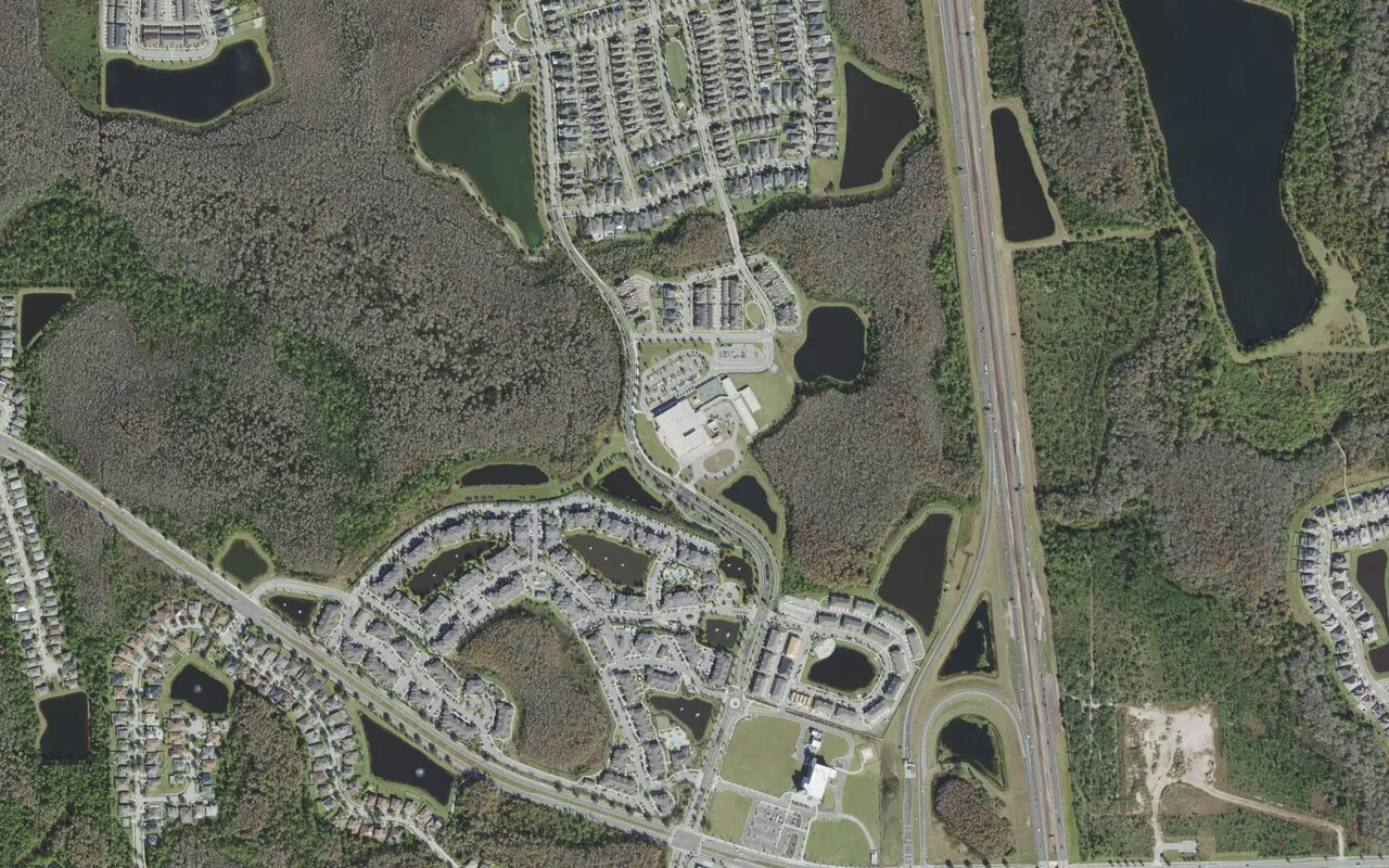 Sun Blaze Elementary School's campus (center) and the neighborhood around it on Randal Park Boulevard in Orlando, seen from the air