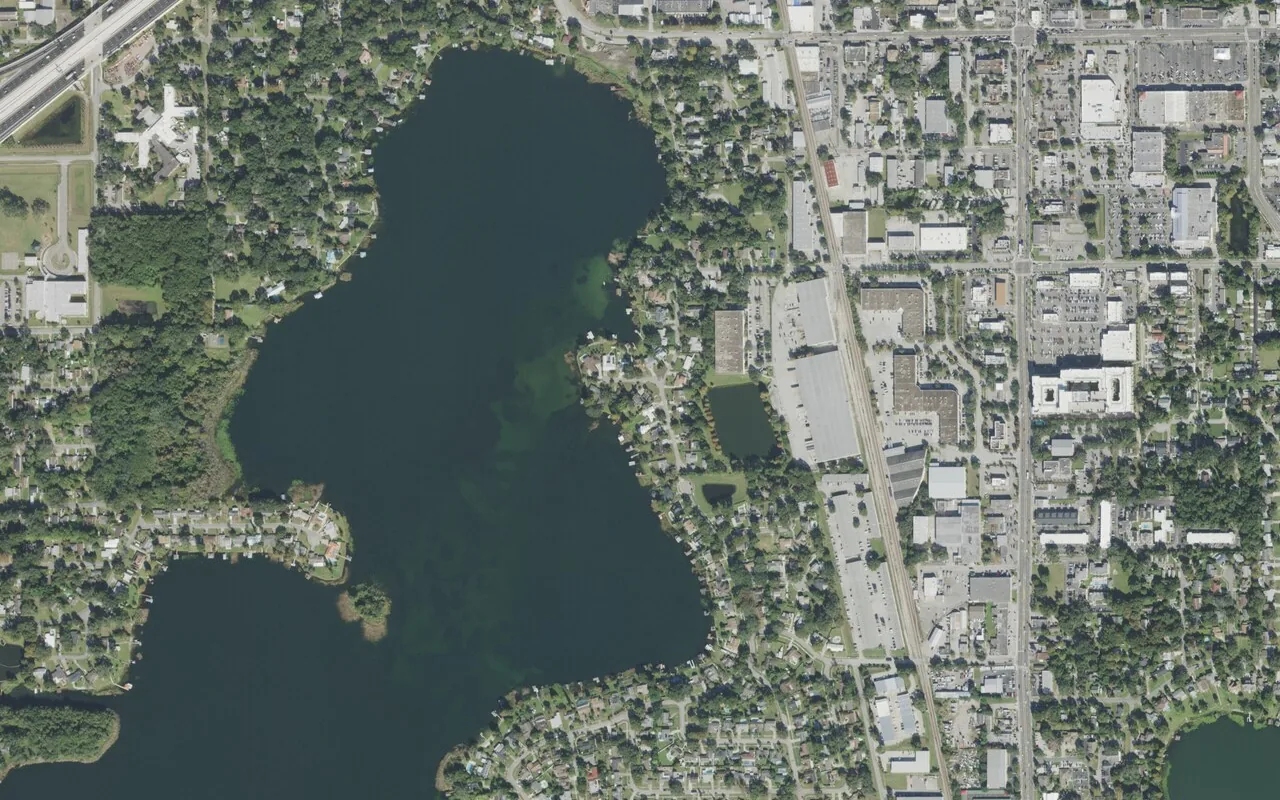 UCP Transitional Learning Academy's campus (right of center) and the neighborhood around it on South Orange Avenue in Orlando, seen from the air
