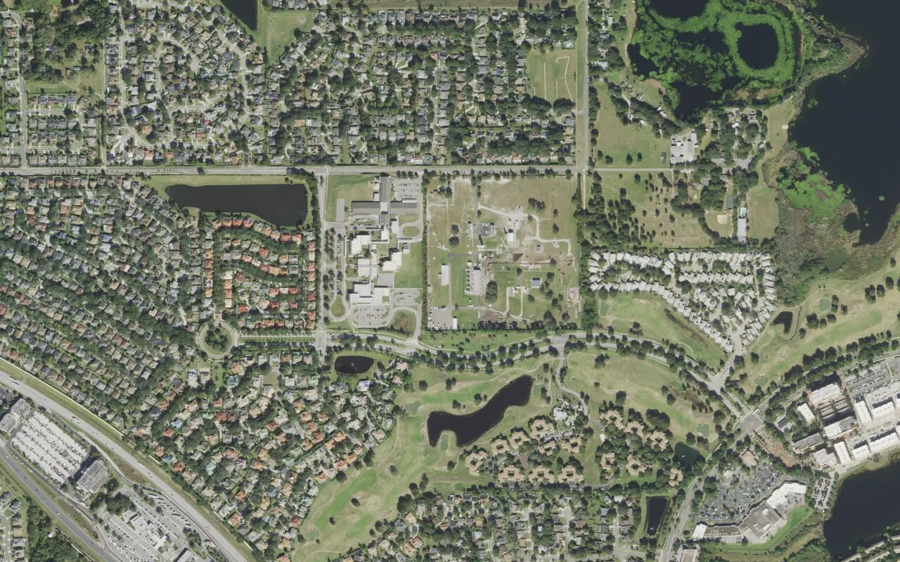 Westpointe Elementary School's campus (center) and the neighborhood around it on Westpointe Boulevard in Orlando, seen from the air