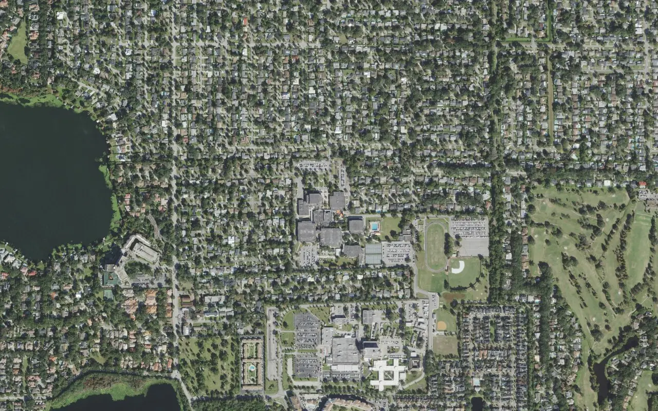 Winter Park High School's campus (center) and the neighborhood around it on Summerfield Road in Winter Park, seen from the air