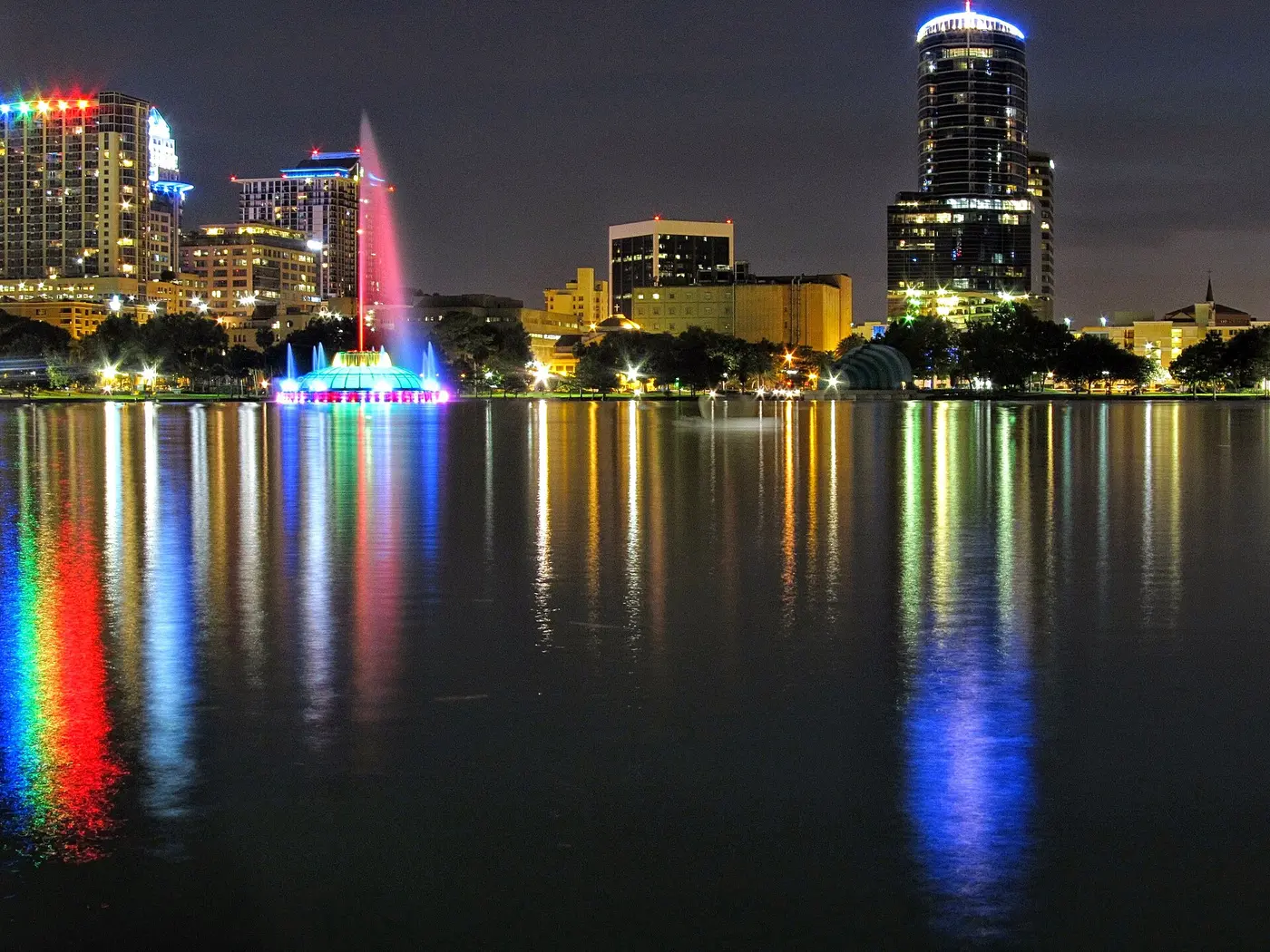 Lake Eola Park in downtown Orlando at night, home of the city's Eolaween festival