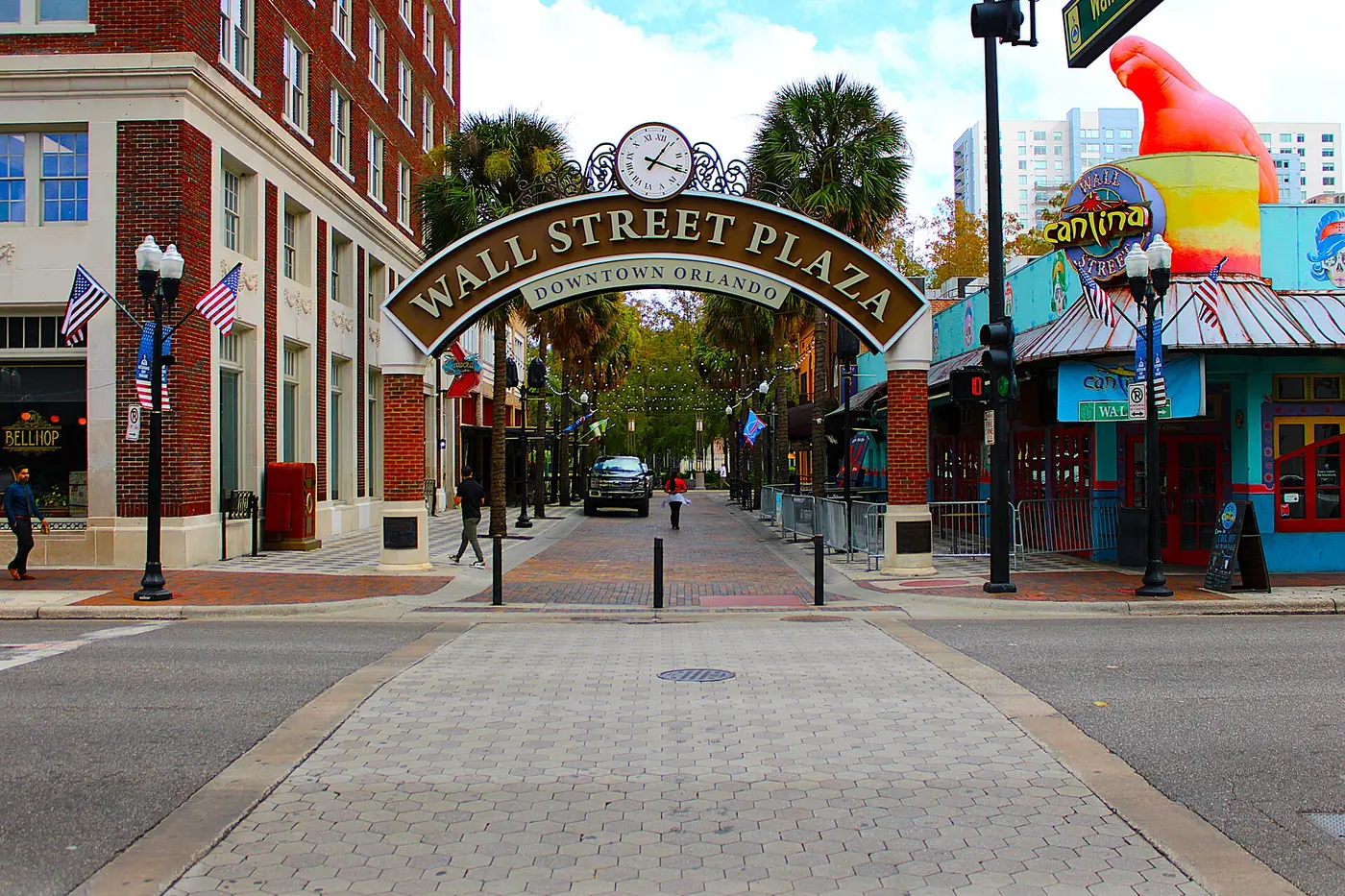 The arch over Wall Street Plaza, a block of bars and restaurants in downtown Orlando